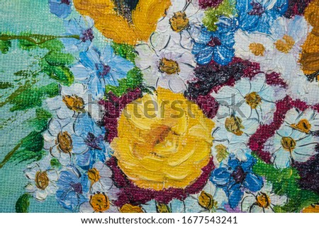 Photo of individual elements in the picture in the form of flowers, daisies, wildflowers and other plants. A bright colorful picture can be used as a warm summer background.