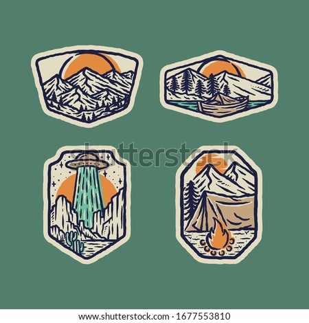 Camping mountain alien nature wild badge patch pin graphic illustration vector art t-shirt design