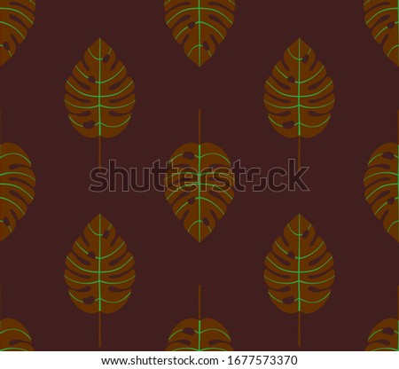 Dark seamless geometric pattern with vertical rows of monstera tropical leaves with veins. Repeat symmetrical botanical pattern. Vector illustration.