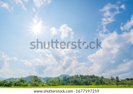Mountain Landscape Panorama, Beauty of Nature Wallpaper with Blue Sky and Sun. Landscape Nature Background. Picture for Summer Season.