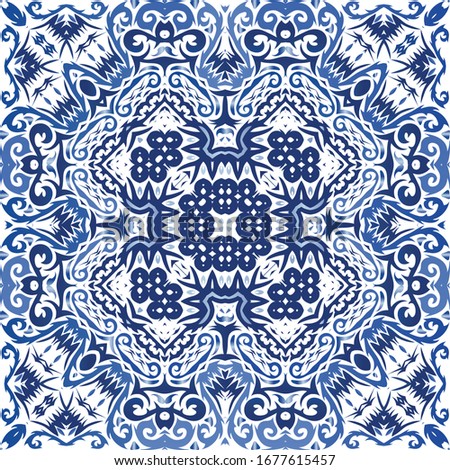 Portuguese vintage azulejo tiles. Modern design. Vector seamless pattern flyer. Blue antique background for pillows, print, wallpaper, web backdrop, towels, surface texture.