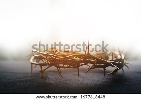the crown of thorns of Jesus on  black background against  window light with copy space, can be used for Christian background, Easter concept Royalty-Free Stock Photo #1677618448