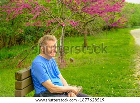 Senior man in blue t-shirt sitting on bench in park; blooming redwood tree behind him; spring in Missouri, Midwest