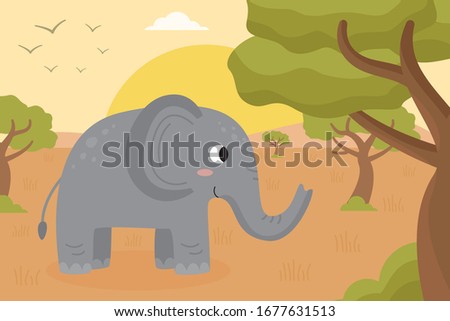 Cute cartoon elephant in safari landscape. African fauna and nature.