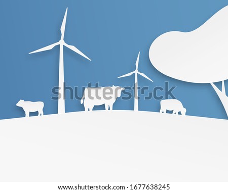 Vector landscape with cows, wind turbines and tree in paper cut style. Vector illustration. 