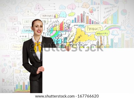 Young businesswoman holding white blank banner. Place for text