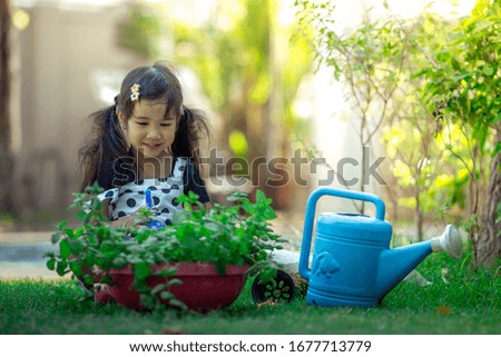 Close-up background view of a cute girl who is watering plants or growing vegetables for health, a crop cultivation program and business expansion.