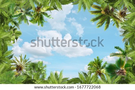 
Beautiful green palm trees on a background of light blue sky. Art ceiling. 3D Wallpaper. Royalty-Free Stock Photo #1677722068