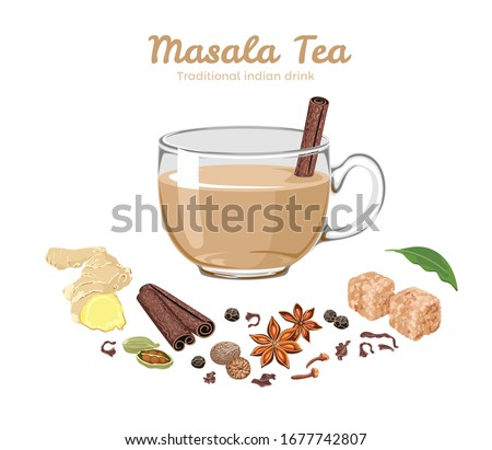Masala tea in glass cup Isolated on white. Spices for Indian drink. Vector Cartoon flat illustration of cinnamon stick, anise stars, cloves, peas, bay leaf, ginger, cardamom, nutmeg, black tea.  Royalty-Free Stock Photo #1677742807