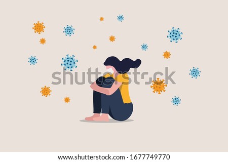 Solitude and depression from social distancing, isolated stay home alone in COVID-19 coronavirus crisis, anxiety from virus infection, Sad unhappy depressed girl sit alone with virus pathogens Royalty-Free Stock Photo #1677749770
