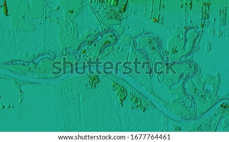 Digital elevation model. GIS product made after proccesing aerial pictures taken from a drone. It shows meandering river with swamps Royalty-Free Stock Photo #1677764461