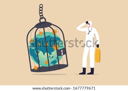 Coronavirus COVID-19 lockdown or quarantine, restricted access to country combat with COVID-19 virus outbreak, medical worker full protective gear with key after locked sick earth planet in cage