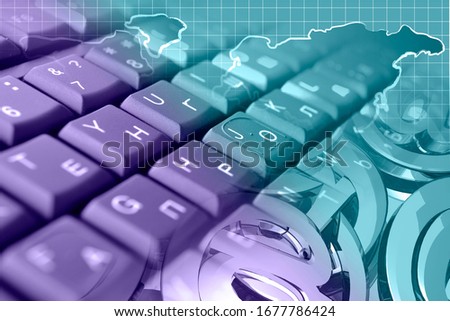 Abstract computer background with keyboard, mail signs and map.