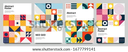 Color neo geo poster. Modern grid flyer with geometric shapes, geometry graphics and abstract background vector set. Geometry grid pattern banner vivid presentation illustration Royalty-Free Stock Photo #1677799141