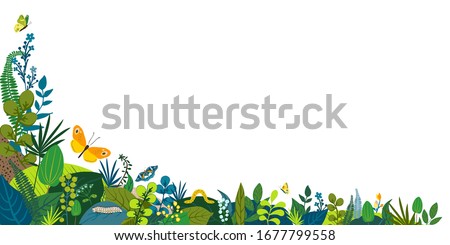 Beautiful floral background, corner frame. Green leaves, colorful flowers, caterpillar and butterflies. Spring, summer corner for social network, invitation, wedding, birthday. Vector illustration.