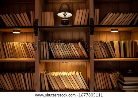 Wooden bookcase with books. On the shelves there are many different books illuminated by warm light. Home library.