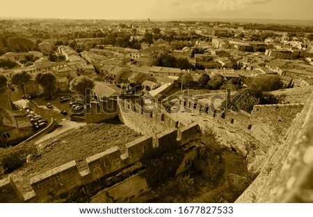 View of the area from the wall around the Carcassonne fortification castle on the UNESCO World Heritage List in France
