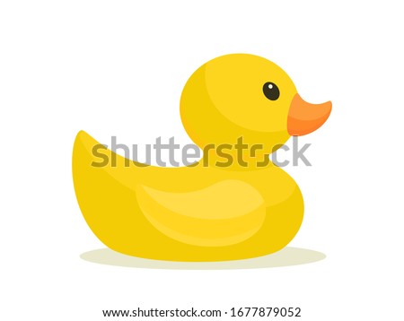 Yellow duck toy. Inflatable rubber duck. Vector illustration, flat design element, cartoon style, isolated on white background, side view. Royalty-Free Stock Photo #1677879052