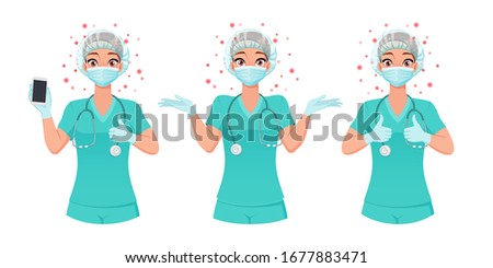 Medical nurse in mask, cap and gloves shows smartphone screen, thumbs up and shrugs shoulders. Protection from coronavirus. Full size isolated vector illustration under clipping mask.