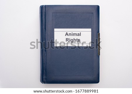 top view of animal rights inscription on blue book on white background