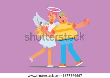Characters of a beautiful girl wearing an angel costume with a cheerful fat kid, Halloween theme. Simple character vector illustration, this illustration can use as a sticker also.