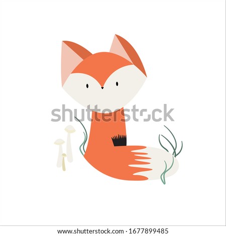 Vector illustration of a little fox sitting in the grass. Cute picture.
