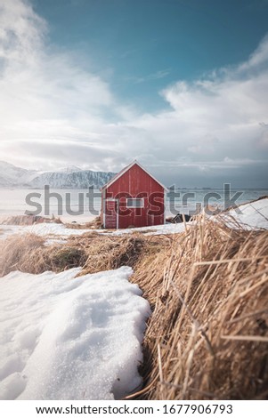Famous fishermen cabin in Lofoten islands in north of norway behing arctic circle in winter. Spring is coming to norway. positive colors in the picture. positive vibe.