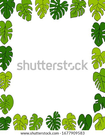 Vertical frame made of vector exotic tropical leaves . Color monstera leaves are stacked in a frame.  Doodle style.  Modern decor.For decoration of postcards , invitations, weddings and design.