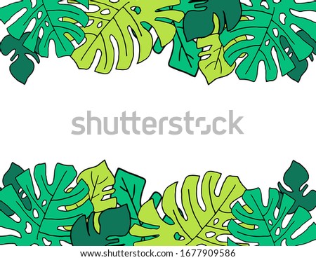 Horizontal frame made of vector exotic tropical leaves . Color monstera leaves are stacked in a frame.  Doodle style.  Modern decor.For decoration of postcards , invitations, weddings and design.