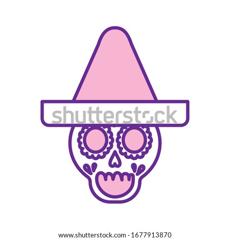 Mexican skull with hat line style icon design, Mexico culture tourism landmark latin and party theme Vector illustration