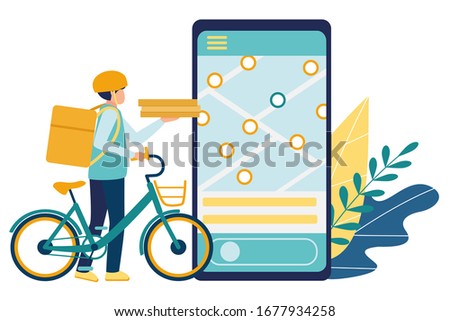 Food and bike delivery service app. A courier in a helmet with boxes in his hand and a large bag behind his back delivers purchases in the location on the map on the phone screen. Vecton illustration