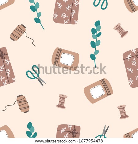 Gift seamless pattern. Gift boxes, eucalyptus branches, scissors, ribbons on pastel background. Flat cartoon vector illustration. For wrapping, textile, paper, cover design, birthday card, blog.