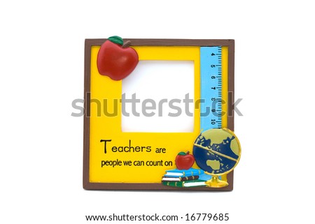 A yellow teachers photo frame with apple, globe and books