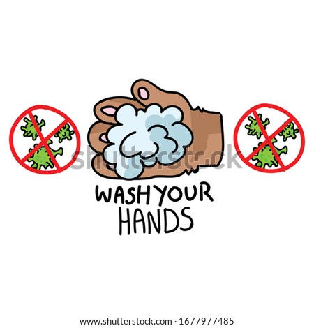 Corona virus covid 19 wash your hands educational banner vector. Cute bunny paw for kids friendly medical healthcare awareness help clip art. Hygiene with picture of virus caution support graphic. 