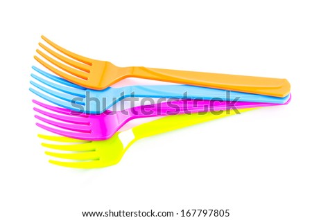 Color plastic tableware dishes , spoon , fork