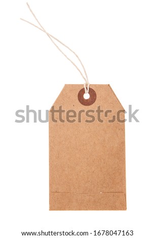 Blank price or address tag with natural ribbon twine. Isolated on white background.