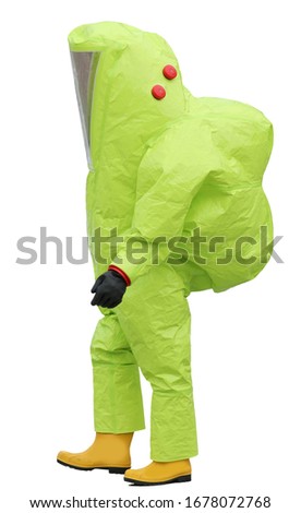 virologist doctor in yellow protective suit and black gloves to avoid contamination by viruses and batteries on white background