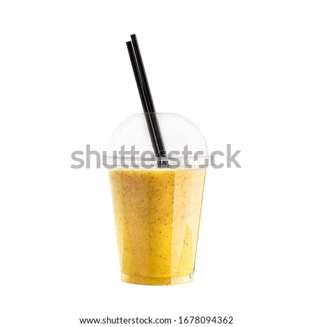 Yellow banana smoothie in plastic cup with straw isolated on white background. Berry healthy beverage. Detox drink.