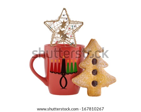 Kwanzaa Kinara (Swahili for Candle Holder) Red Mug Christmas Tree Butter Cookie Xmas Star isolated on white background