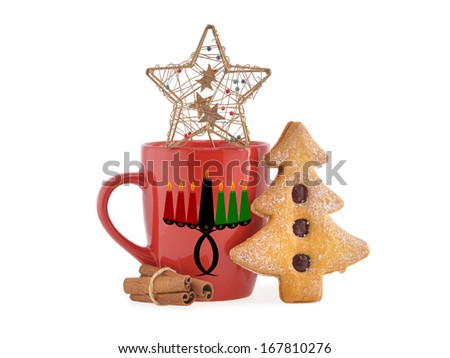 Kwanzaa Kinara (Swahili for Candle Holder) Red Mug Cinnamon Sticks Christmas Tree Butter Cookie Xmas Star isolated on white background