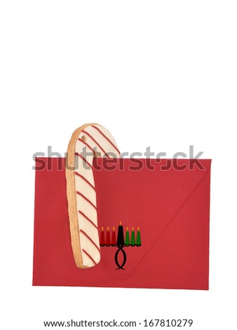 Kwanzaa Kinara (Swahili for Candle Holder) Candy Cane Shortbread Butter Cookie Christmas Ornament isolated on white background