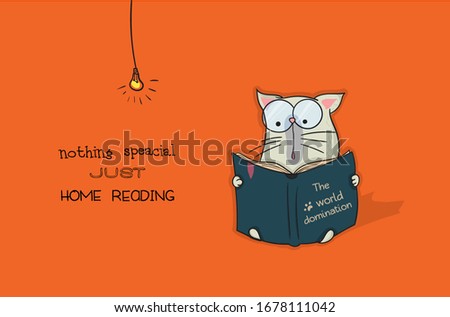 funny cat reading the book of world domination. Humor about home pet. Cartoon character design of cat