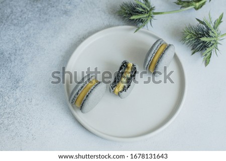 Grey macaroons in a plate on a light background.