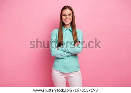 Portrait of cheerful modern charming girl cross hands ready decide choose work job decisions choices wear good look clothes isolated over pastel color background
