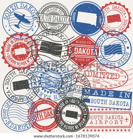 South Dakota, USA Set of Stamps. Travel Passport Stamps. Made In Product. Design Seals in Old Style Insignia. Icon Clip Art Vector Collection.