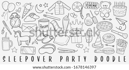 Sleepover Party Doodle Line Art Illustration. Hand Drawn Vector Clip Art. Banner Set Logos.