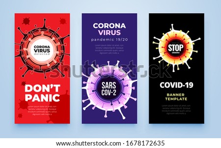 Coronavirus COVID-19 SARS-CoV-2 Social media Banner on a color background. Virus infections prevention. Deadly type of virus 2019-nCoV. Coronavirus microbe vector illustration Royalty-Free Stock Photo #1678172635