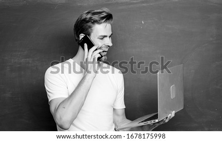 Digital concept. Online communications. School teacher with laptop. Digital technology. Digital sciences. Programming web development. Advantage mobile internet. Handsome man use modern technologies.