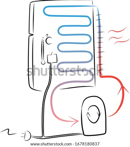 Illustration of the internal mechanism of fridge, showing temperature variances and heat energy circulation