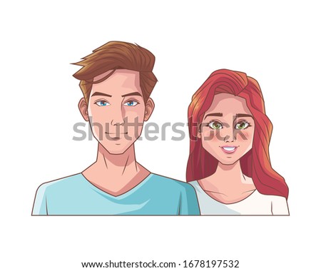 young couple lovers avatars characters vector illustration design